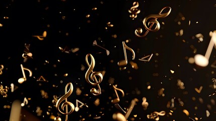 Gold musical notes flying in the air on black background with copy space. Group musical notes and...
