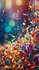 Celebratory Cascade, Colorful Confetti Adorns a Colorful Background, Creating a Carnival Atmosphere with Bokeh Accents.