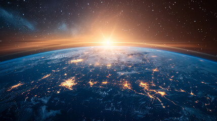 Stunning view of Earth from space with network connections and city lights under a brilliant sunrise.
