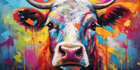 A close up of a cow's face with bright, colorful paint splatters in the background. AIG51A.