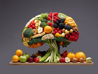 Wholesome Mind. Human Brain Made of Nutrient-Rich Foods. AI-Generated	