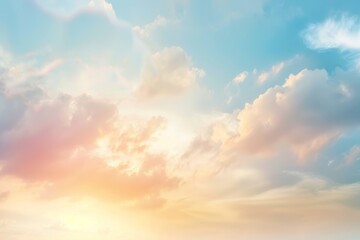 Obraz premium Tranquil sky showcases a blend of soft pastel hues among fluffy clouds, captured during a peaceful sunset that inspires calmness and contemplation