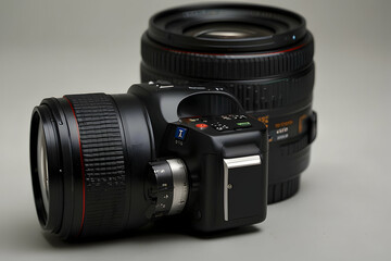 Fototapeta premium A professional DSLR camera with interchangeable lenses, captured against a white background, emphasizing its versatility, HD, Hyper resolution 