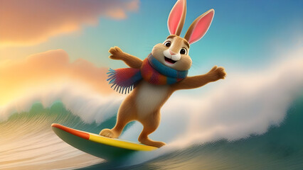 Cute bunny rabbit cartoon character surfing illustration. Cool bunny wearing a scarf.
