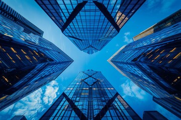 Modern Skyscrapers Against Blue Sky: High-Resolution Cinematic Architectural Photography