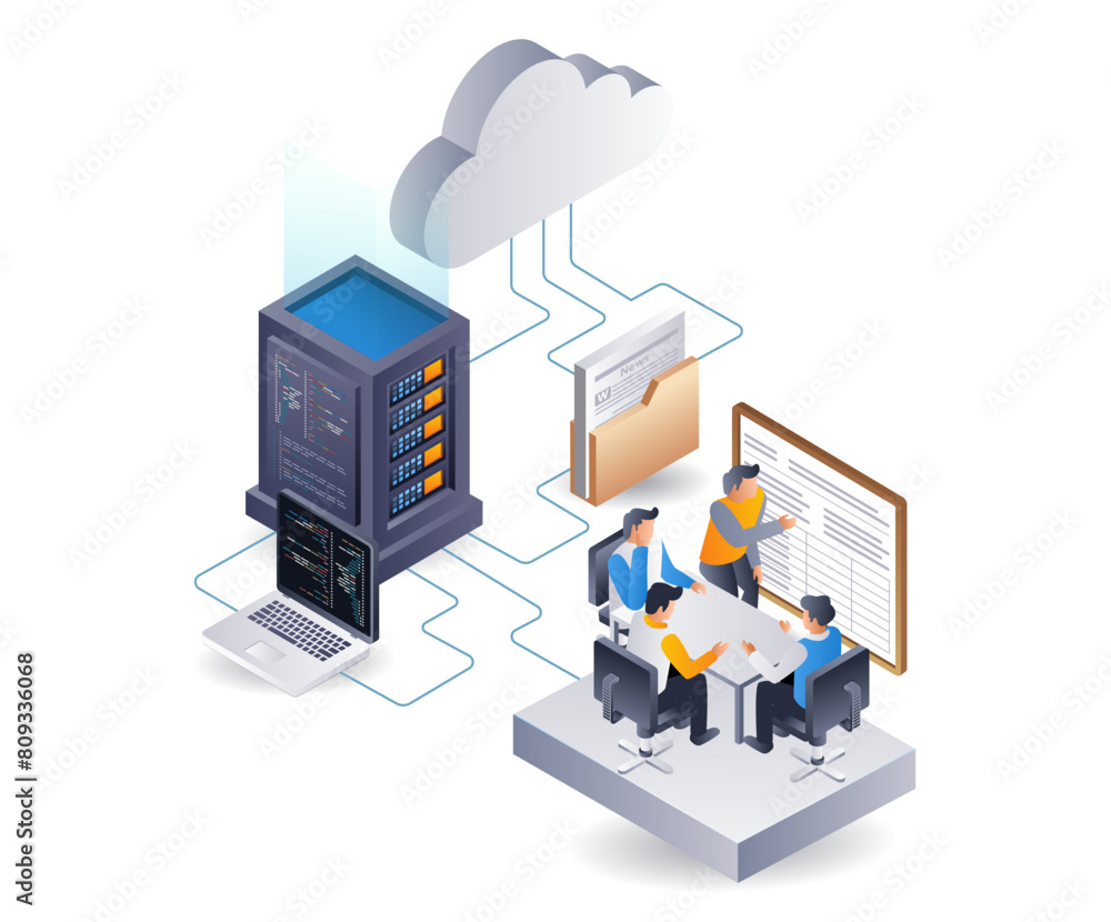 Leinwandbilder Data server web application system development team, flat isometric 3d illustration infographic