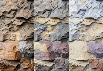 This collage showcases nine different stone wall textures, portraying a variety of colors and patterns suitable for backgrounds and design elements in architecture and landscaping projects