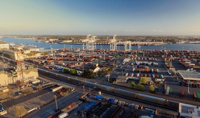 Port of Oakland and the Alameda river California, United States of America.