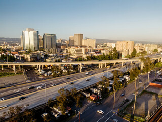 Downtown oakland and interstate 880 freeway at sunset, California, United States of America.