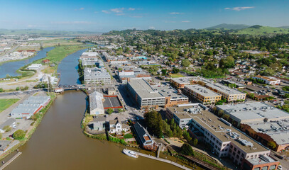 Downtown Petaluma and the petaluma river, California, United States of America.