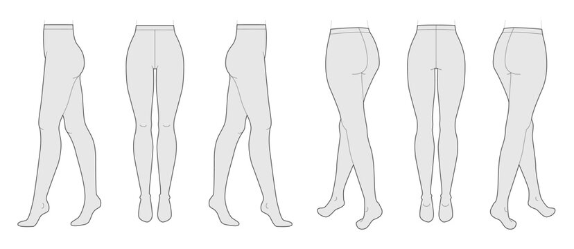 Set of Tights Pantyhose on legs, normal waist length. Fashion accessory clothing technical illustration stocking. Vector front, side, back, 3-4 view for Men women flat template. Vector illustration