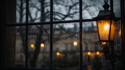 Rainy day's window with light and tree
