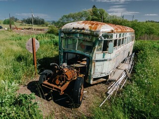 Rusted abandoned bus in the countryside Petaluma, California, United States of America.