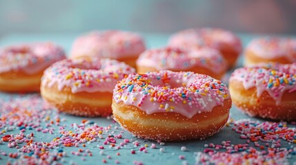 Sprinkled pink donuts on blue surface