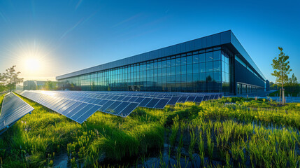 Obraz premium Sunrise view of a modern office building with solar panels and green landscaping, emphasizing sustainable architecture.