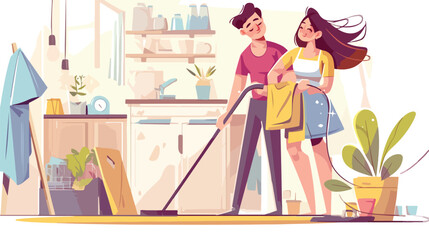 Smiling young man and woman cleaning house together