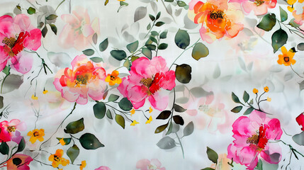 Cotton, floral pattern on white fabric, watercolor and ink. A delicate flower design with green leaves in pink, red, orange, and yellow colors