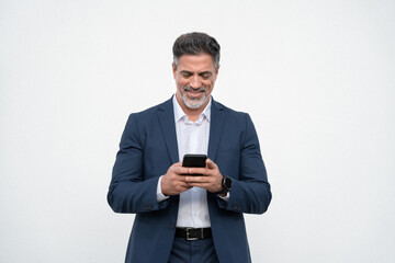 Smiling Latin business man using smartphone mobile phone screen device, scrolling app, working for...