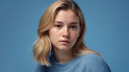 Fototapeta premium Portrait of a sad young blonde woman with acne