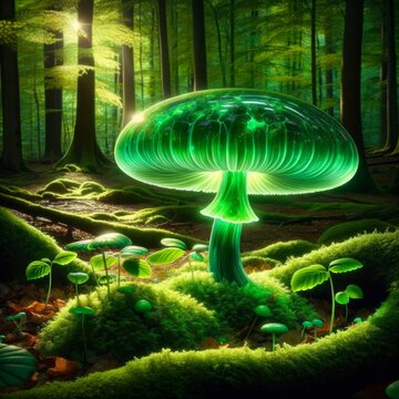 Uranium glass mushroom in the forest.
