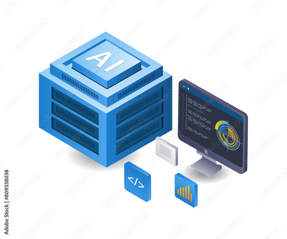 Poster Computer data server technology infographic 3d illustration flat isometric