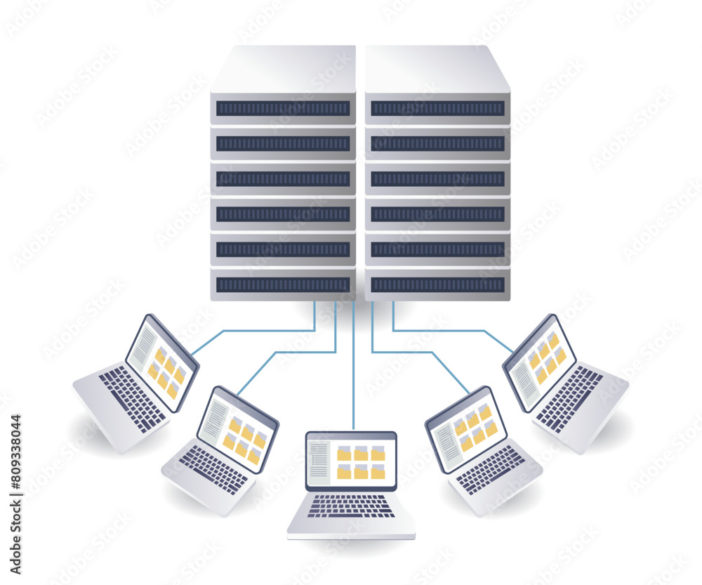 Poster computer data server technology infographics 3d illustration flat isometric