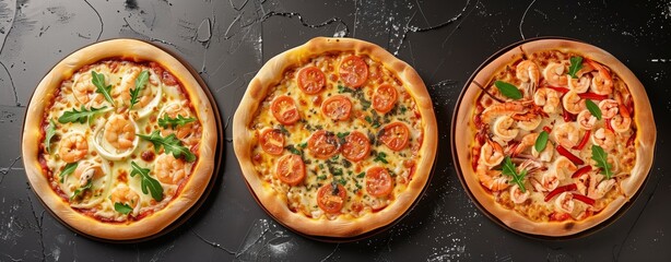 Trio of Delicious Pizzas with Various Toppings.