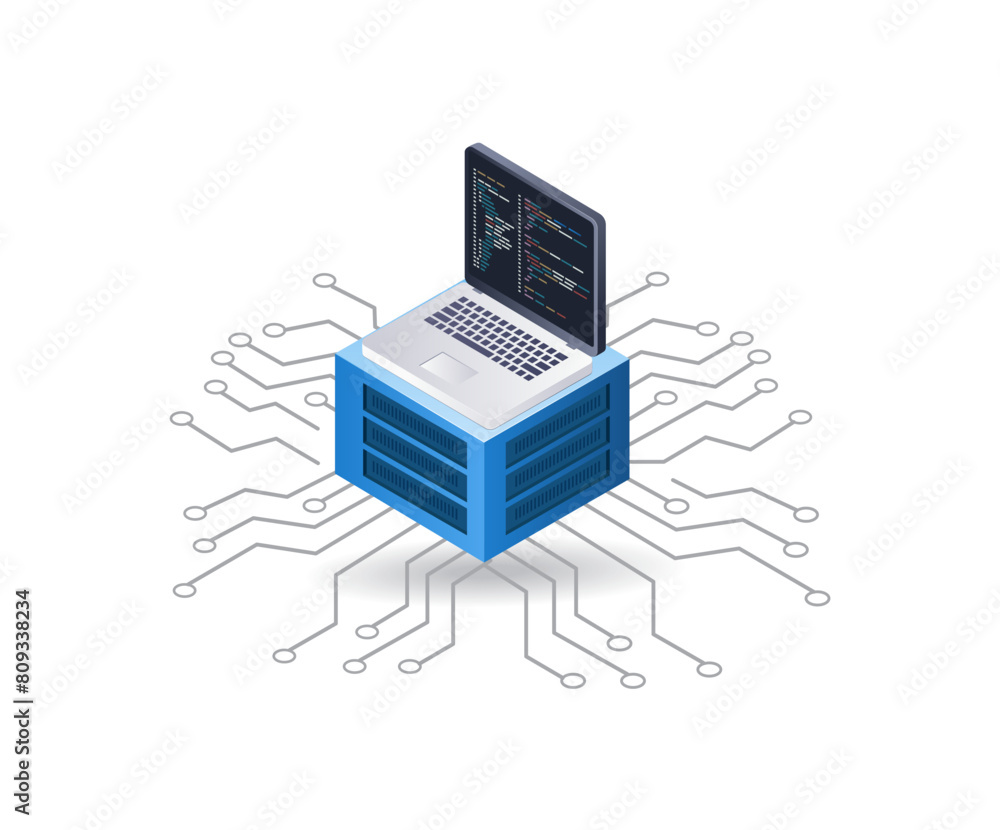 Poster Computer programmer server technology, infographic 3d illustration flat isometric