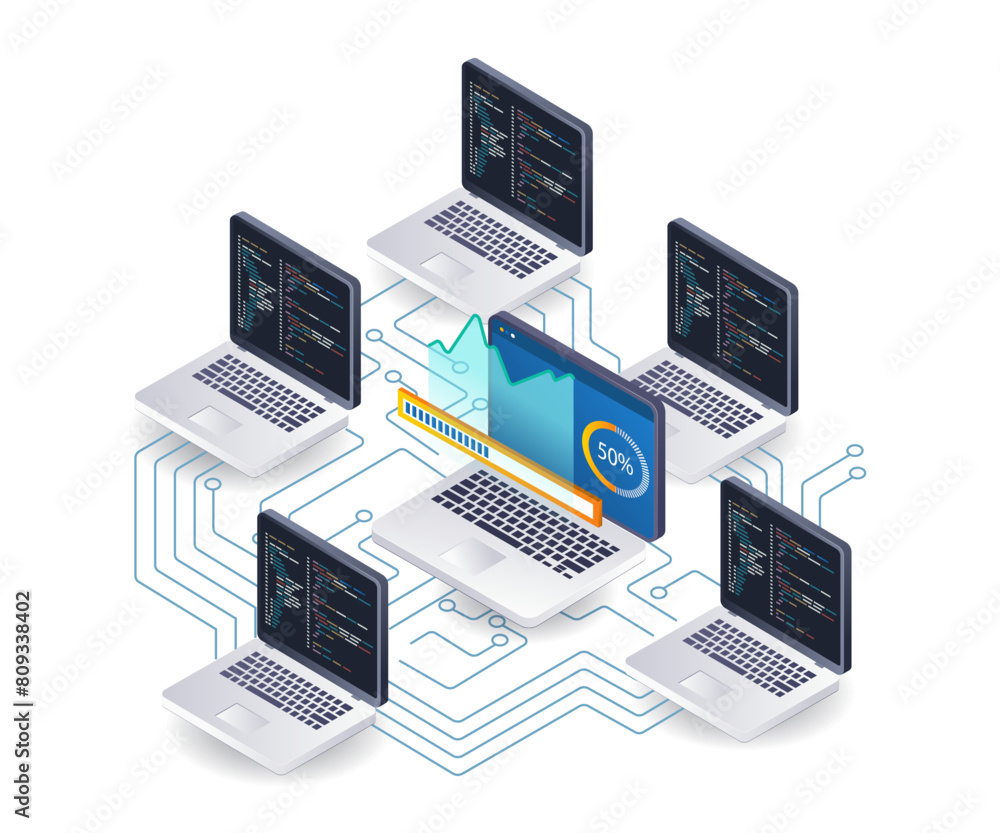 Poster Computer network programmer technology analysis infographic 3d illustration flat isometric