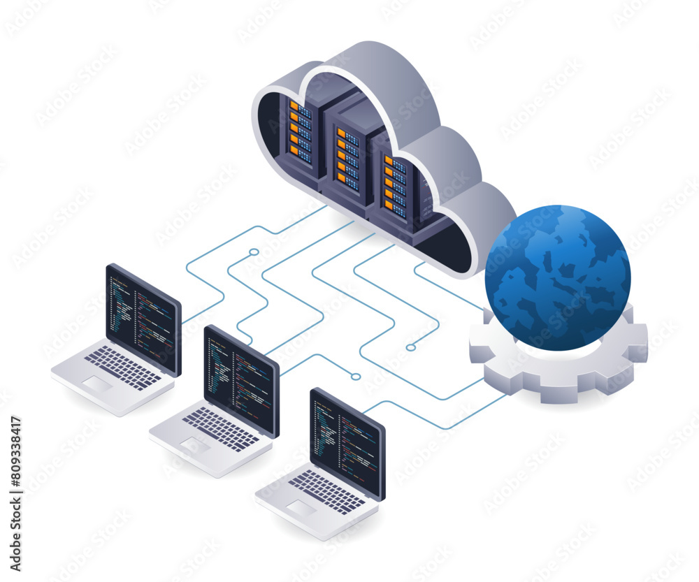 Poster Computer network programmer cloud server technology analyst infographic 3d illustration flat isometric