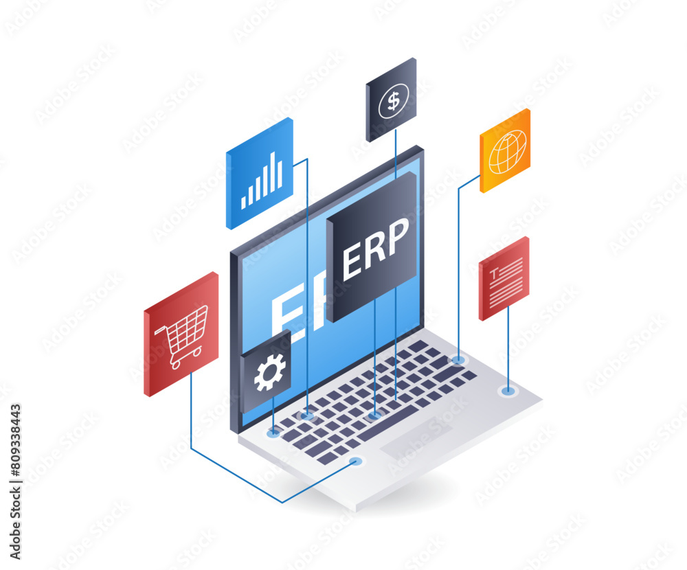 Aufkleber computer network erp business technology, infographic 3d illustration flat isometric