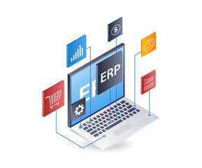 Computer network ERP business technology, infographic 3d illustration flat isometric