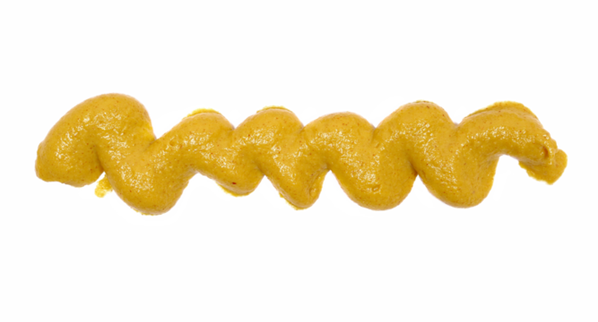 Yellow mustard sauce, spread isolated on white background, top view
