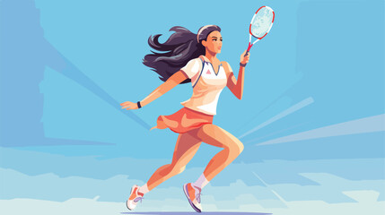 Sporty female badminton player on color background