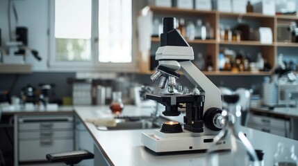 Close-up view Of Microscope And Laboratory Equipments On Empty Desk In Science Laboratory, aesthetic look