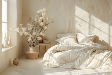 Tranquil Parisian Bedroom with Soft Textiles and Pastel Tones, Illuminated by Evening Light in a Minimalist Chic Flat