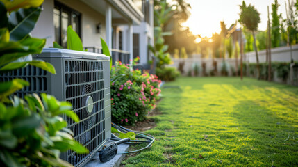 An air conditioning unit outside a modern residential building during a golden sunset.