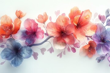 Beautiful and airy, light and delicate, soft watercolor style illustration of ethereal flowers with a white background. 