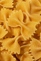 Close-up macro shot of uncooked bow tie pasta, farfalle, showcasing its texture and details