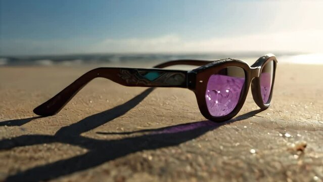 Purple sunglasses lie on the sand of the seashore.