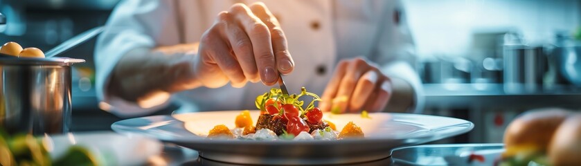 Chef carefully garnishes a gourmet dish in an upscale kitchen, focus on precision, soft lighting,...