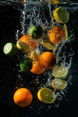 Oranges and limes splashing in water suspended mid-air against a dark background