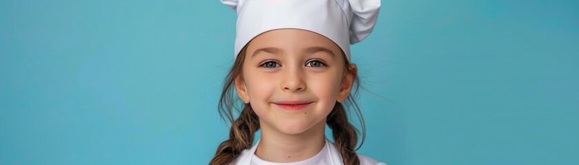 Portrait of a young girl in a chefs hat and white apron, smiling confidently Soft natural light, pastel blue background, centered