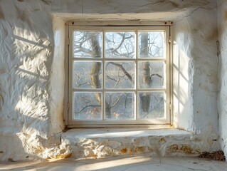 An illustration of an old window with dramatic light and shadows.