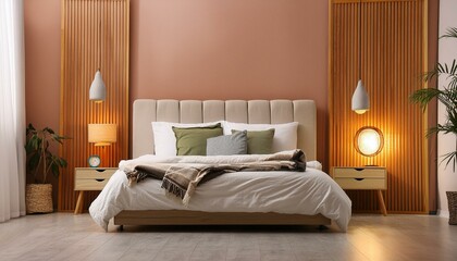 Serenidad en el Hogar: Un Dormitorio Moderno y Acogedor con colores cálidos que generan tranquilidad