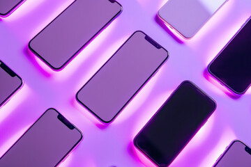 Group of smartphones under purple light on purple background, modern technology concept for advertising and promotion