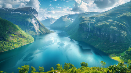 Panoramic view of a stunning Norwegian fjord, featuring lush greenery and towering cliffs reflected...