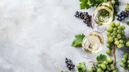 Overhead view of two glasses white wine, fresh grapes, and leaves on textured background