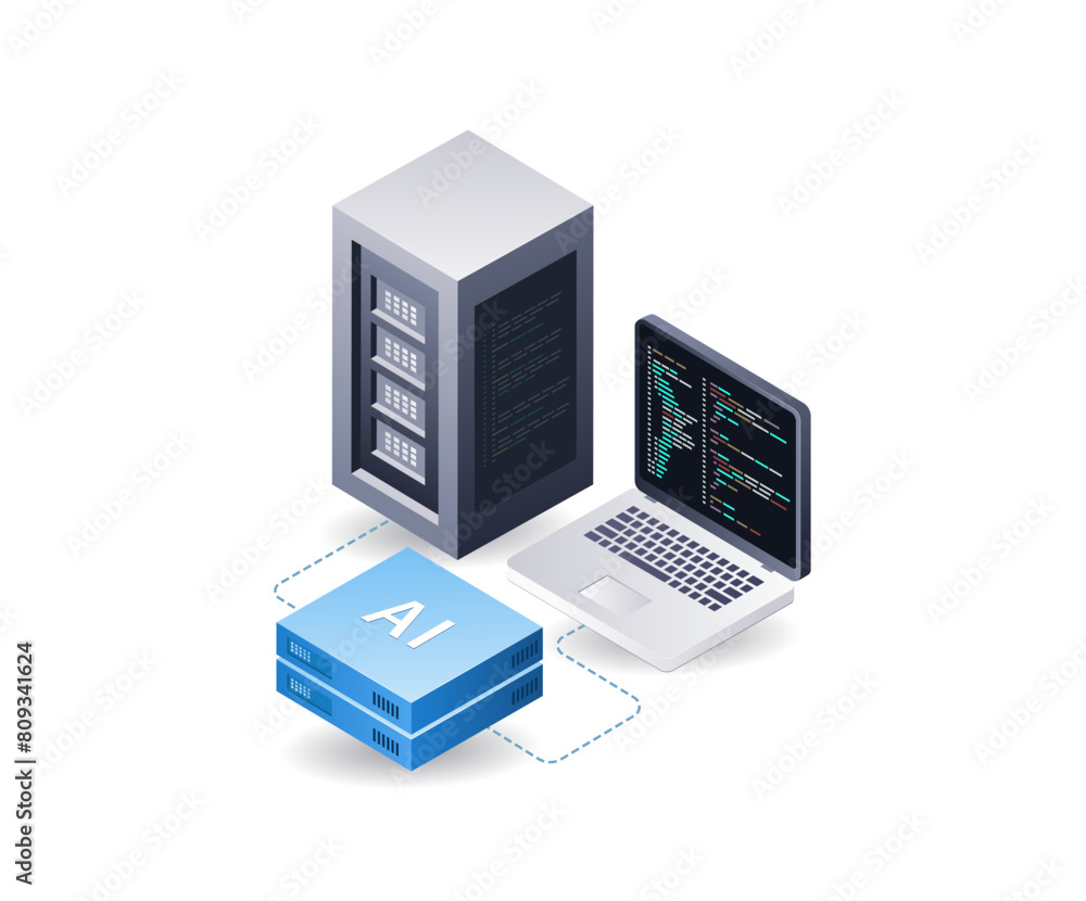 Aufkleber Computer artificial intelligence data server, infographic 3d illustration flat isometric