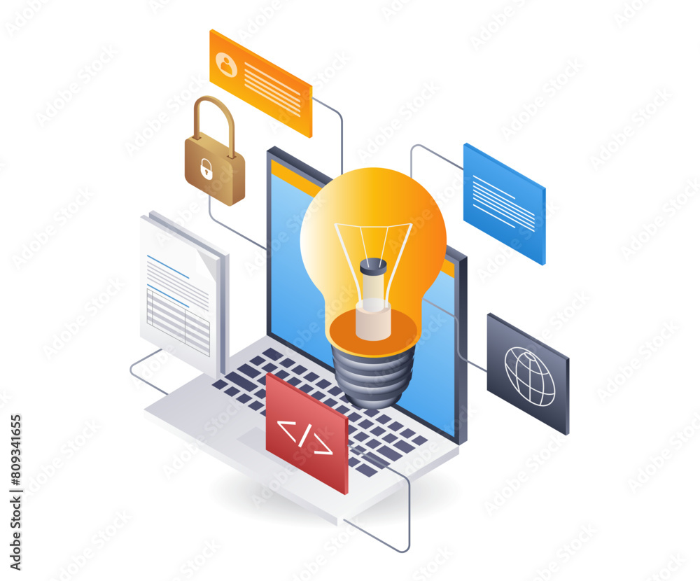 Poster Computer application web developer idea, infographic 3d illustration flat isometric